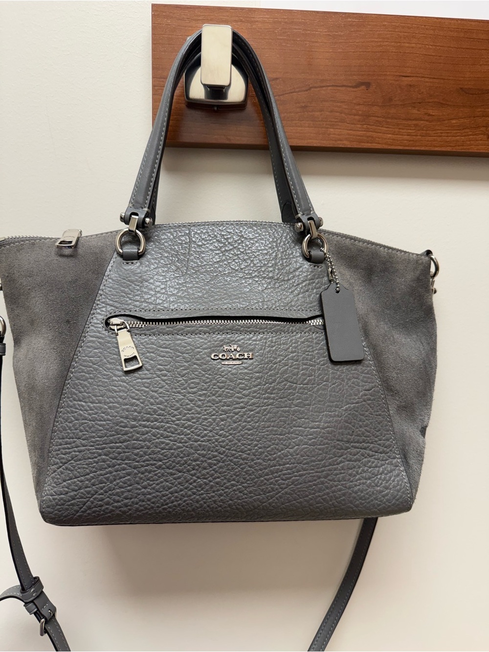 COACH Prairie Satchel 2Way Shoulder Bag Leather Suede Gray Womens Handbag